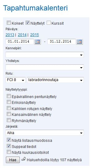 Esimerkkikuvassa on tehty haku kaikista vuoden 2014 näyttelyistä labradorinnoutajille.
