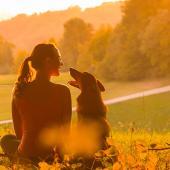 Nainen ja koira istuvat kauniissa maisemassa auringonlaskussa vierekkäin