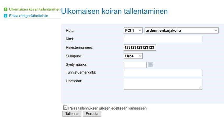 Ulkomaisen koiran tallentaminen