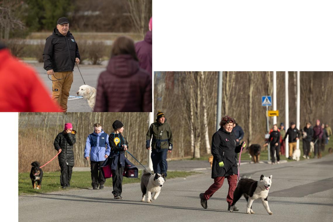 Kaksi kuvaa joista toisessa mies pitää puhetta ulkona yleisön edessä, toisessa suuri joukko ihmisiä koirineen on yhteislenkillä