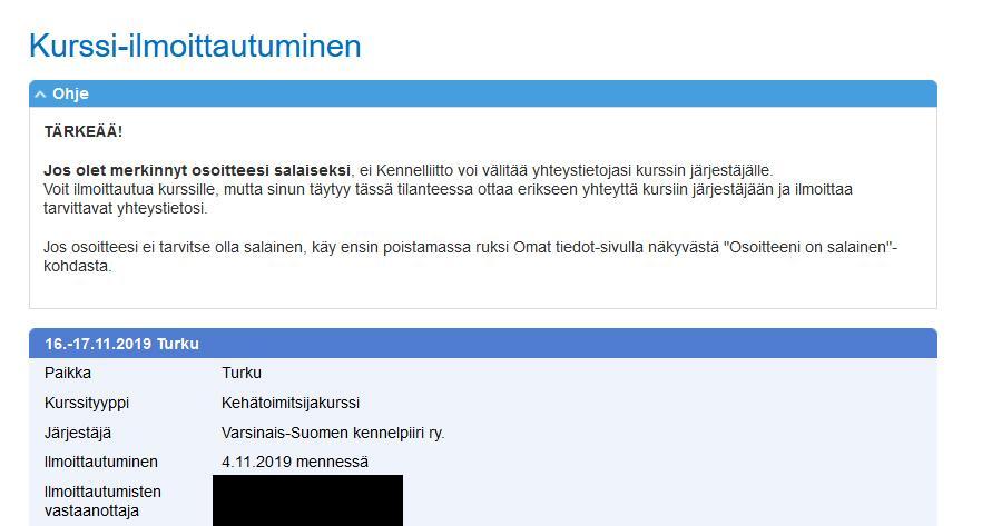 kursseille ilmoittautuminen tapahtumakalenterista