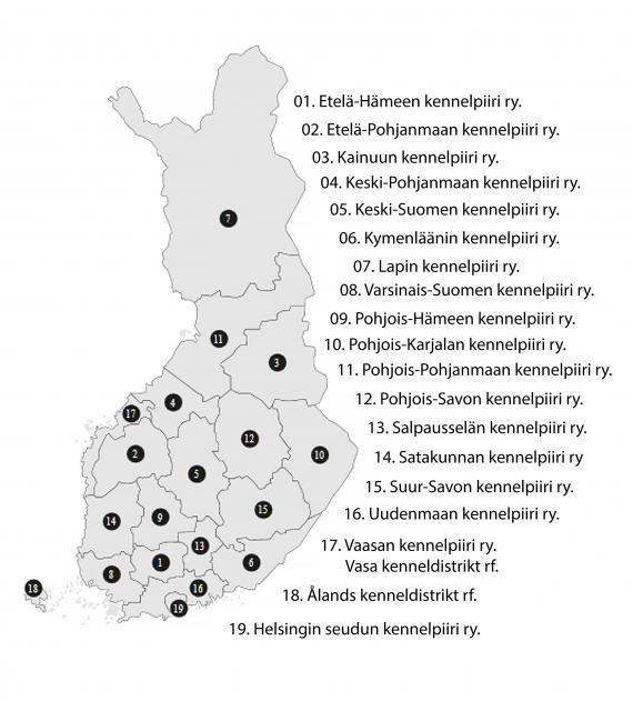 Suomessa on 19 kennelpiiriä.