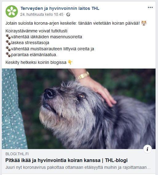 THL blogikirjoituksen kuvakaappaus Facebookista