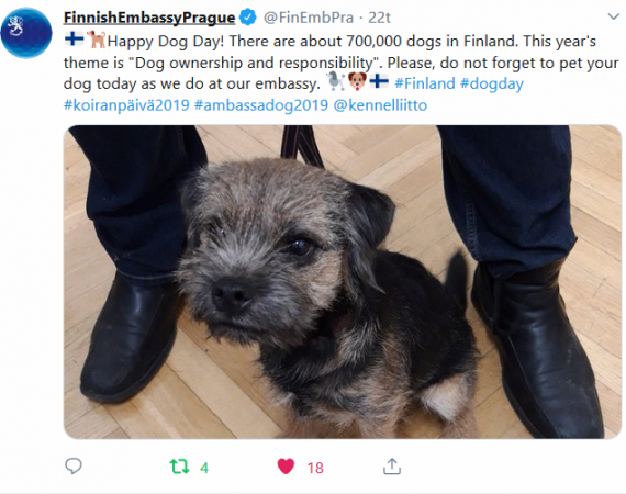 Prahan suurlähetystön twiitti Koiranpäivästä