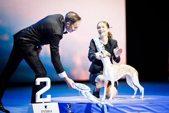 Selina Norppa ja whippet palkintopallilla