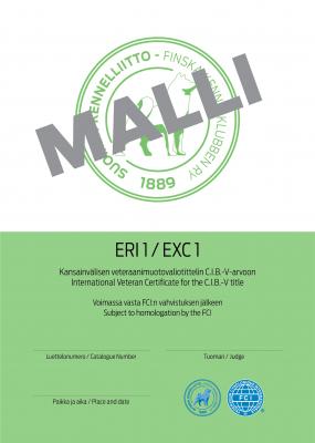Mallikuva kansainvälisestä veteraanisertifikaattikortista, joka on väriltään vihreävalkoinen ja siinä on vihreä Kennelliiton logo.