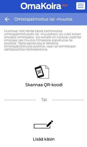 Omistajailmoituksen tekeminen Omakoira-mobiilisovelluksessa