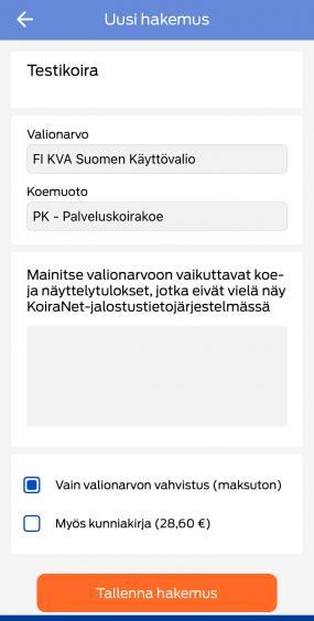 Omakoira-mobiilisovelluksen valioarvohakemus