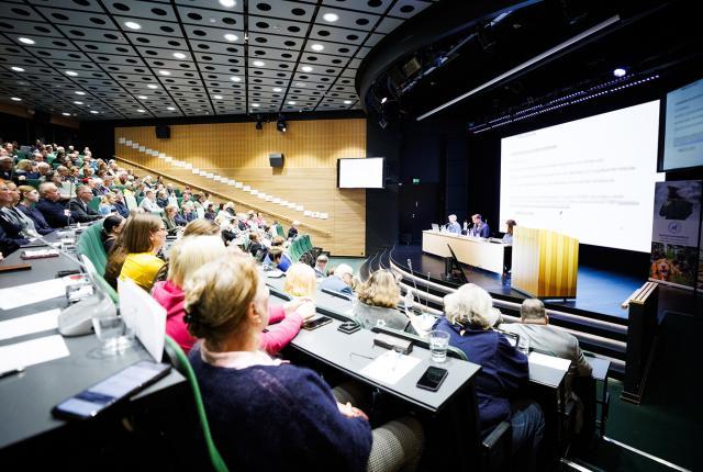  Fullmäktigeledamöter sitter i en fullmäktigesalen