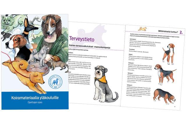 Kennelliiton opas yläkoulujen opettajille, kuvassa oppaan kansi ja yksi aukeama avattuna