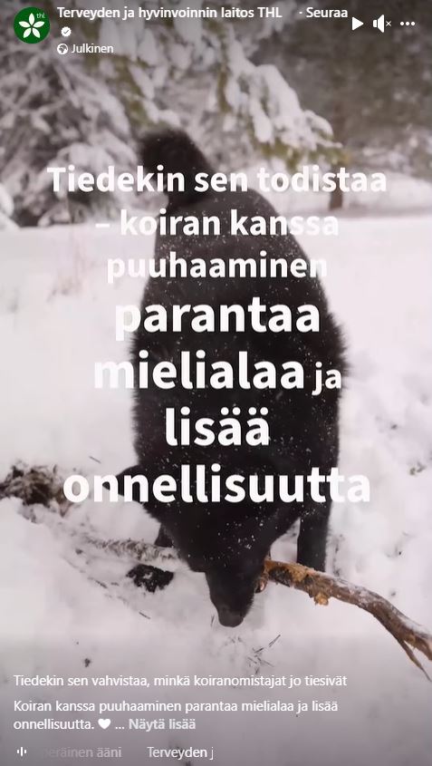 terveyden ja hyvinvoinnin laitos julkaisi videon koiran terveyshyödyistä ihmiselle