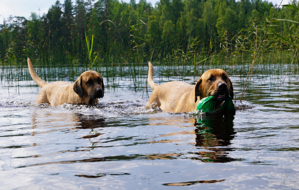 Kaksi broholminkoiraa kahlaa järvessä kohti rantaa, ensimmäisellä on noutolelu suussaan.