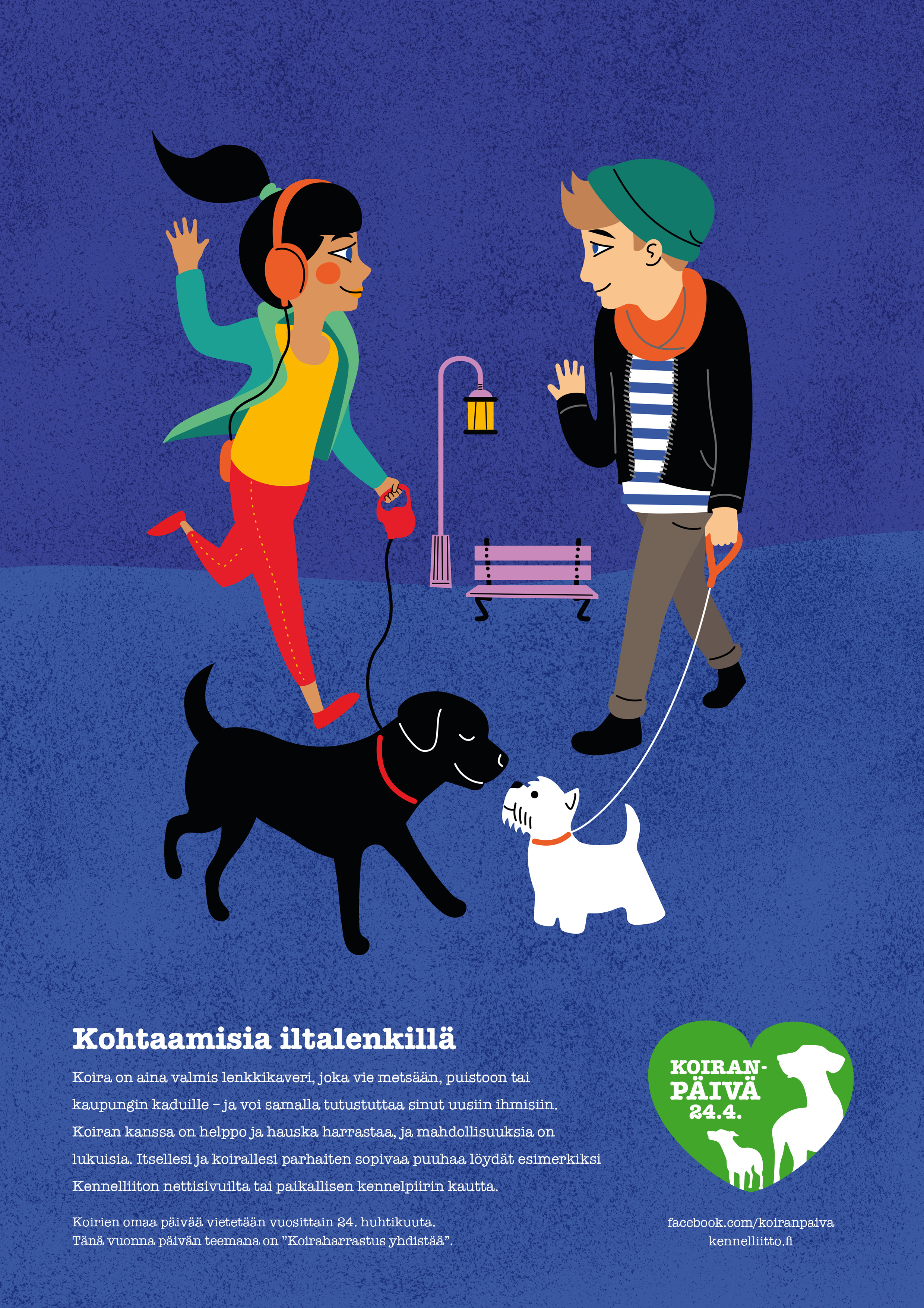 Kohtaamisia iltalenkillä, Koiranpäivä 2018 -juliste - teemana "Koiraharrastus yhdistää"