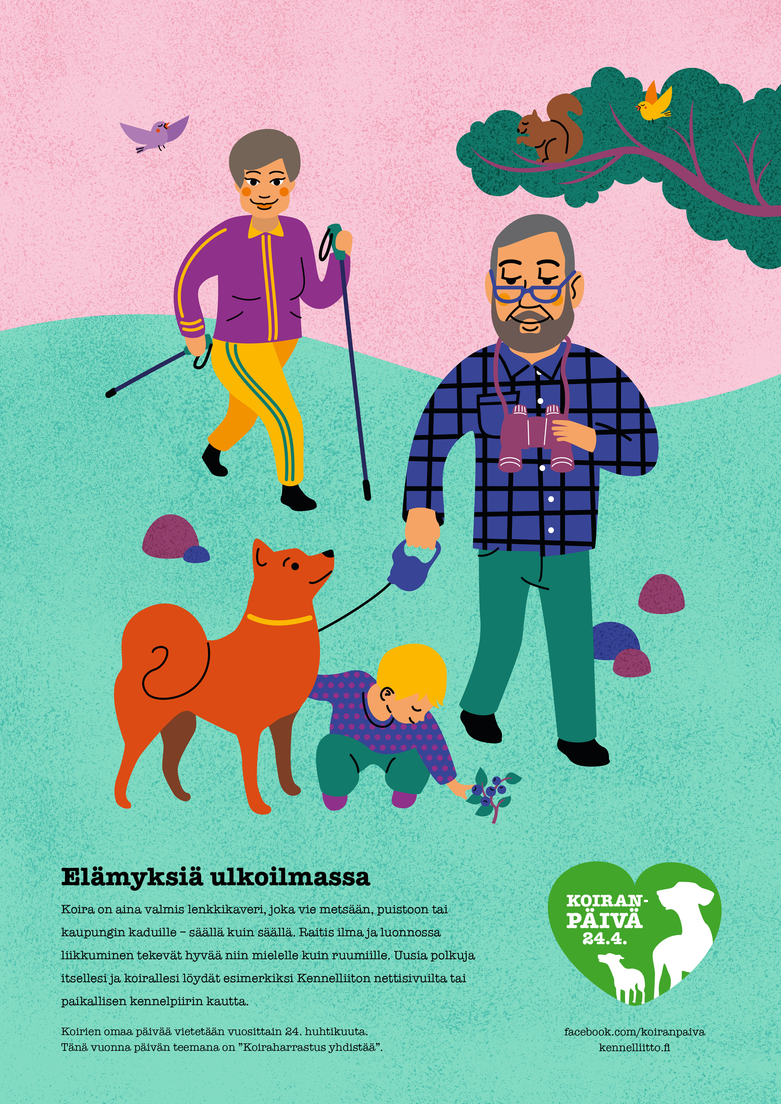 Elämyksiä ulkoilmassa, Koiranpäivä 2018 -juliste - teemana "Koiraharrastus yhdistää"