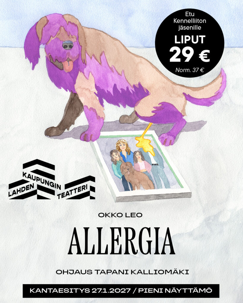 Allergia-nimisen teatteriesityksen esittelyjuliste, jossa piirretty koirahahmo nostaa jalkaa perhekuvan päälle.